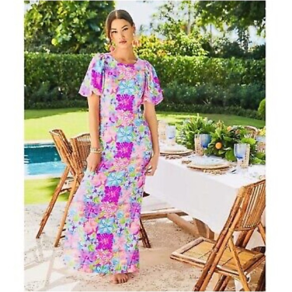 Lilly Pulitzer Pink and Blue Floral Puff sleeve maxi Dress nwot